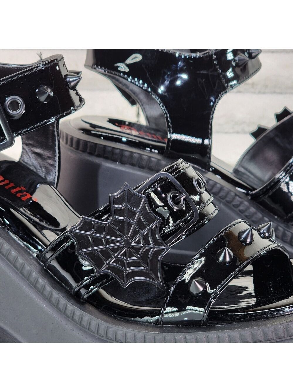 NIB Shaker 13 Black Out Patent 4.5" Wedge Heel Gothic Sandals Studs Charms - Picture 7 of 9